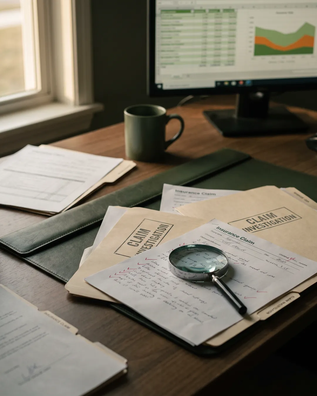 A desk with insurance claim investigation files and a magnifying glass